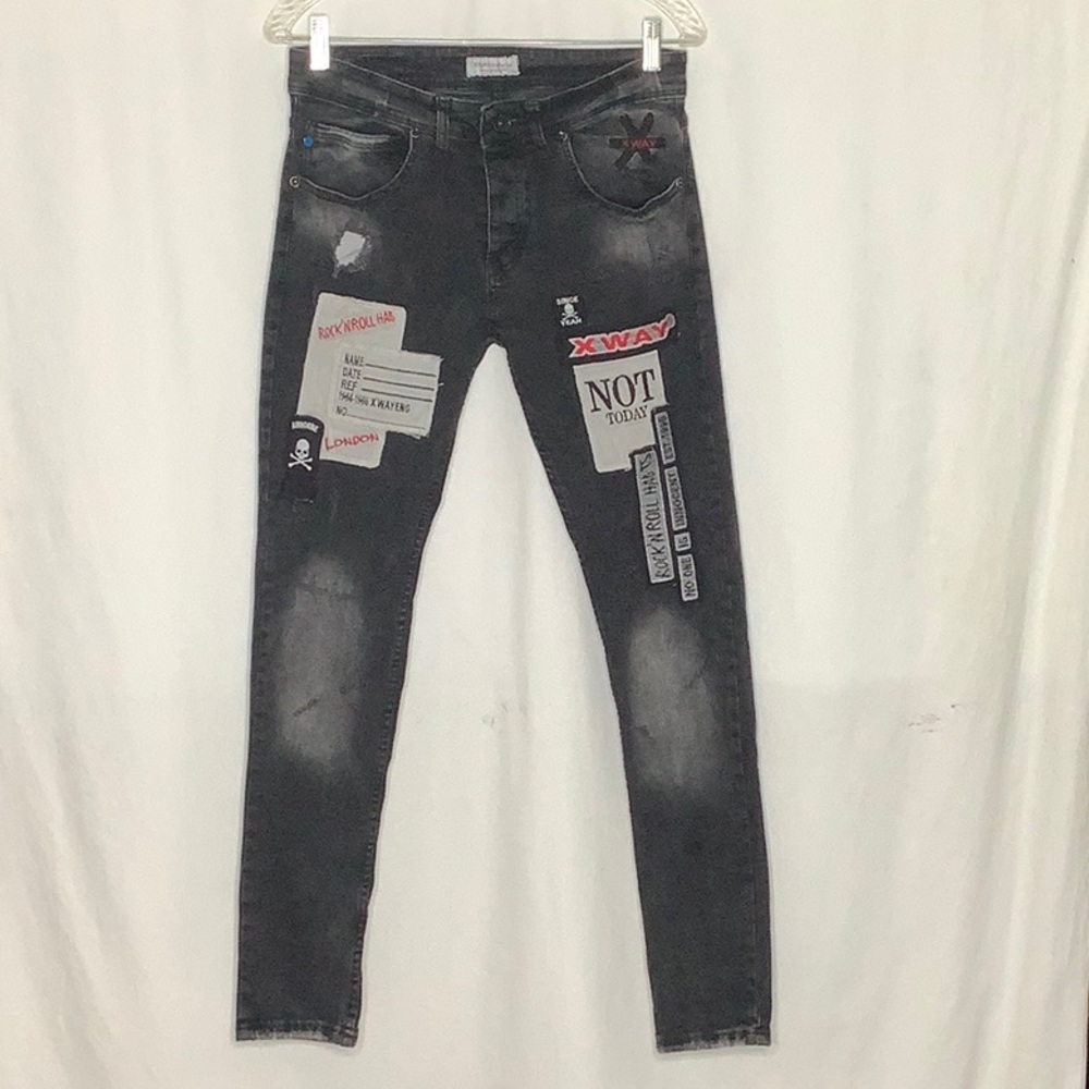 Xway Denim Distressed Men’s Skinny Jeans With Patches Size 30